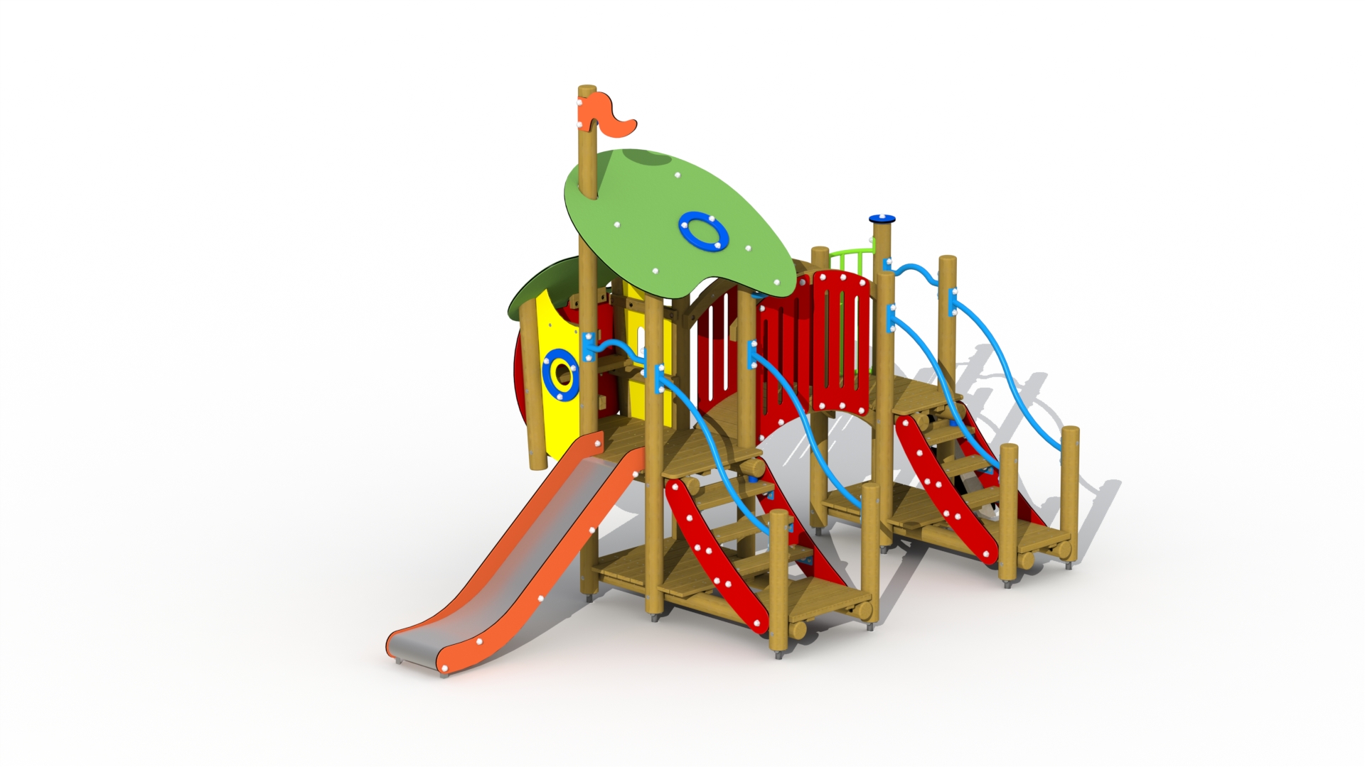 De wolf en de zeven geitjes (inox/RVS glijbaan met gebogen loopbrug)
