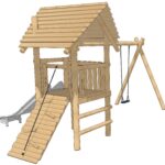 Speeltoren met RVS glijbaan, klimwand, plateau 125 cm met schommel enkel
