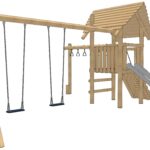 Speeltoren met RVS glijbaan, klimwand, hangringen, plateau 125 cm met schommel dubbel